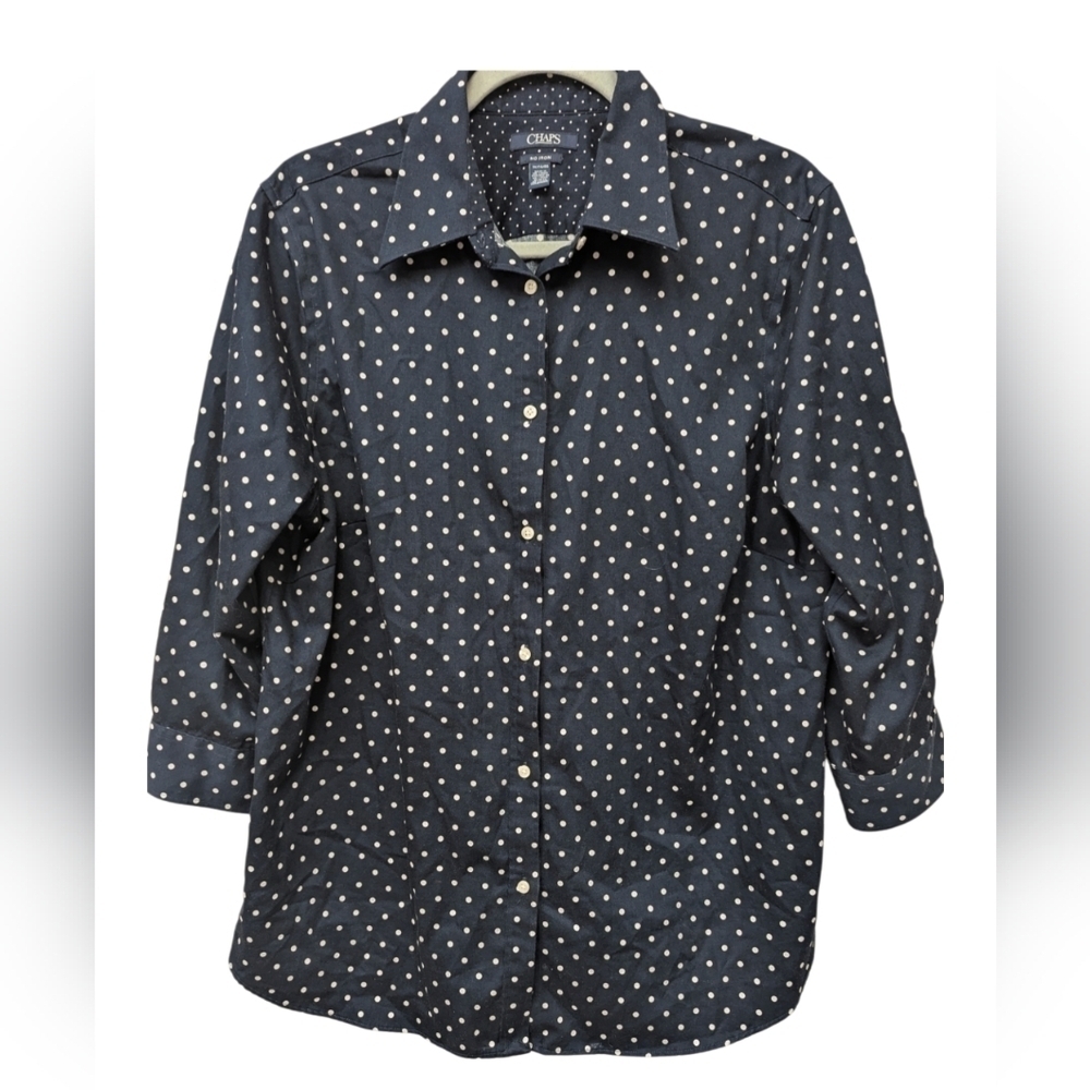 Chaps 1X navy polkadot button down shirt